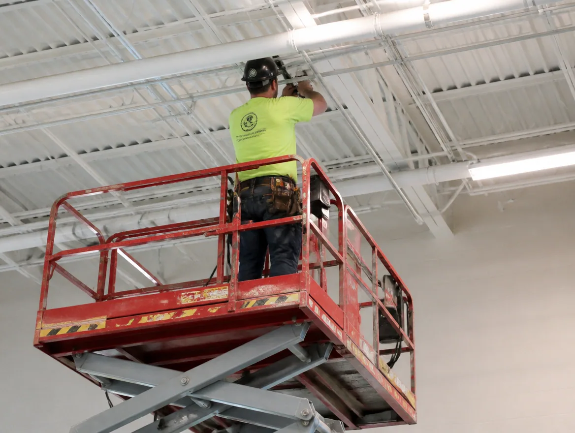 Electrician working from a scissor lift installing high-bay fixtures