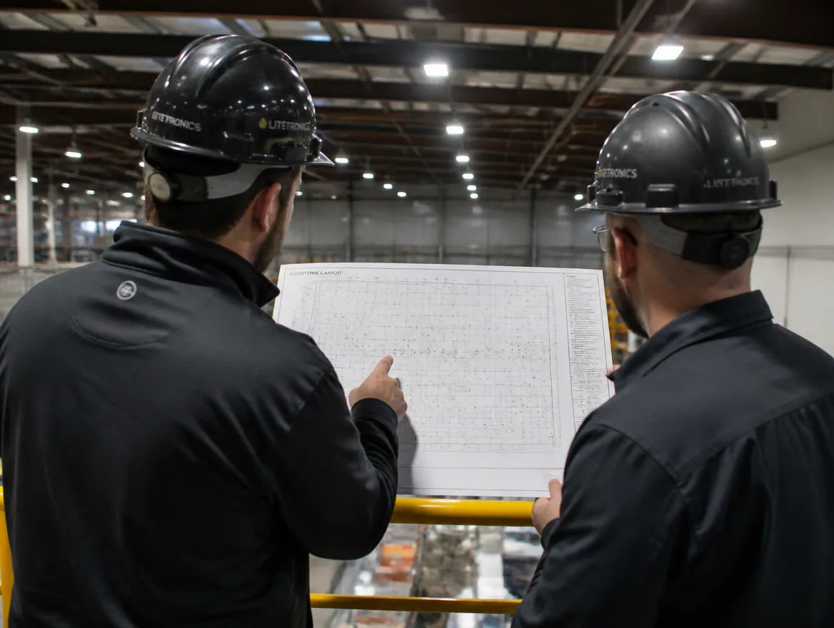 Lighting technicians reviewing a fixture schedule on site