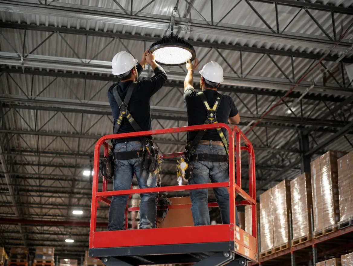 Installers fitting new LED high-bay fixtures in a working warehouse