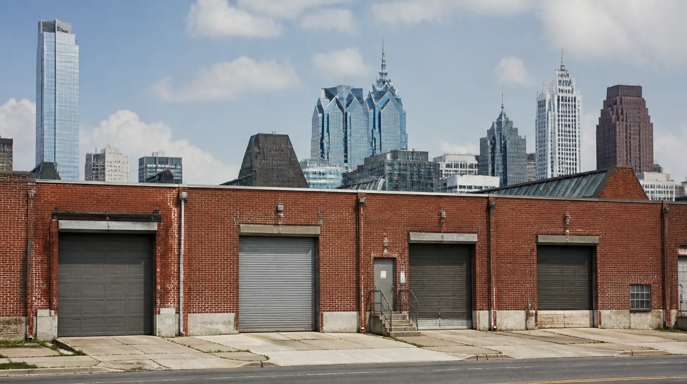 Brick industrial units on the edge of Philadelphia with the city skyline behind