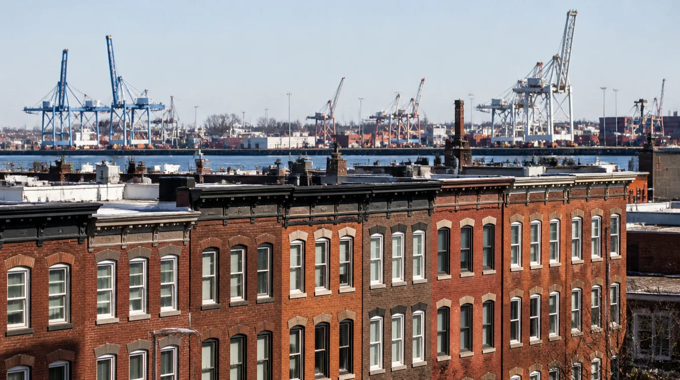Baltimore rowhouses with the harbour container cranes behind