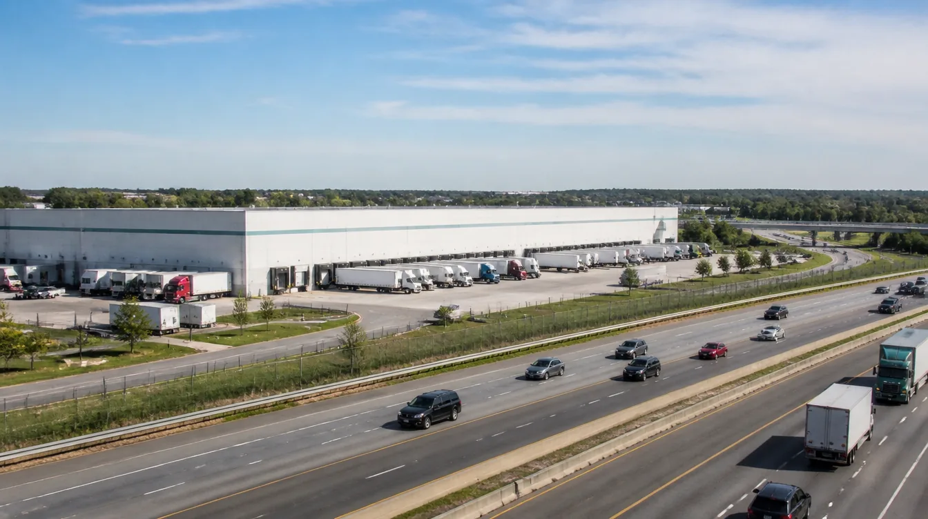 A distribution warehouse and loading docks beside a New Jersey highway