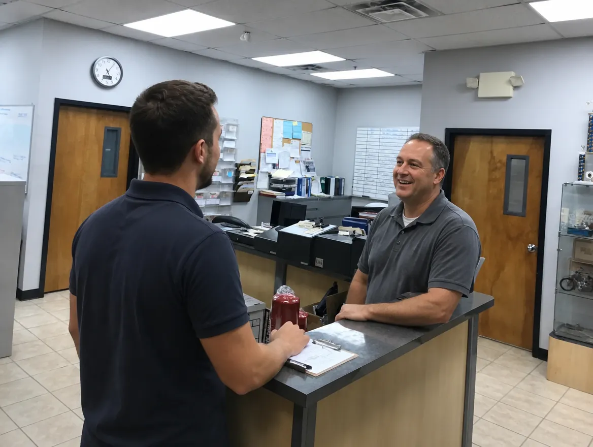A rep at an office front desk asking the facility manager for permission before filming the lights