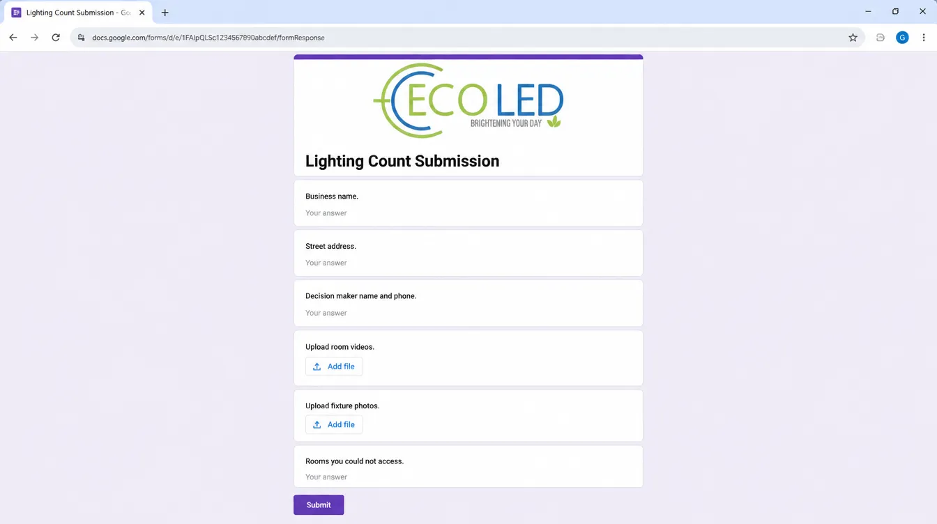 The ECO LED Lighting Count Submission form: business name, street address, decision maker, room video and fixture photo uploads, and rooms you could not access