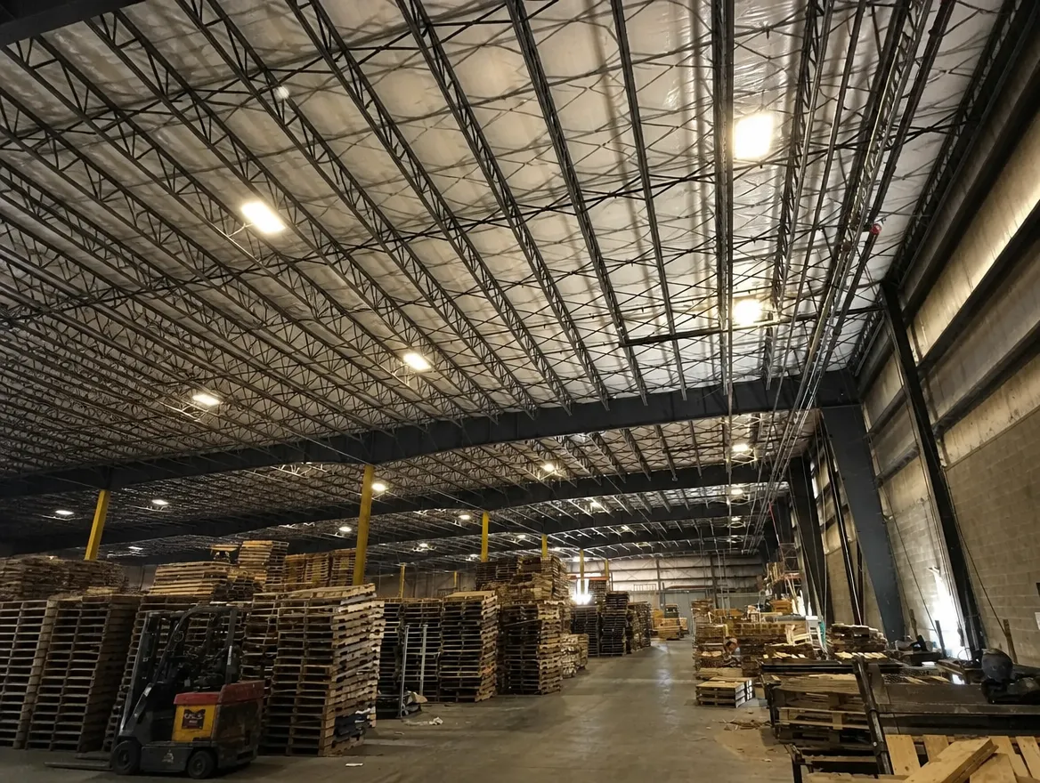 A warehouse ceiling with rows of high bay fixtures hanging from the roof trusses