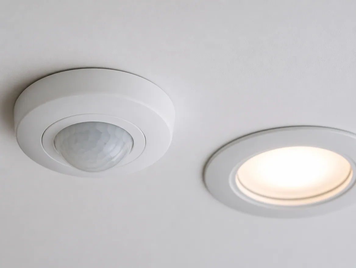 Ceiling mounted occupancy sensor beside an LED fixture
