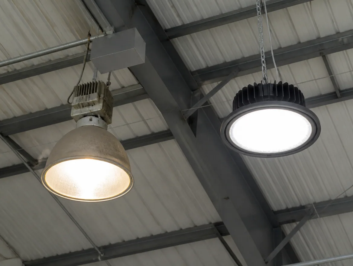 Side by side comparison of old metal halide and new LED high-bay lighting in a warehouse