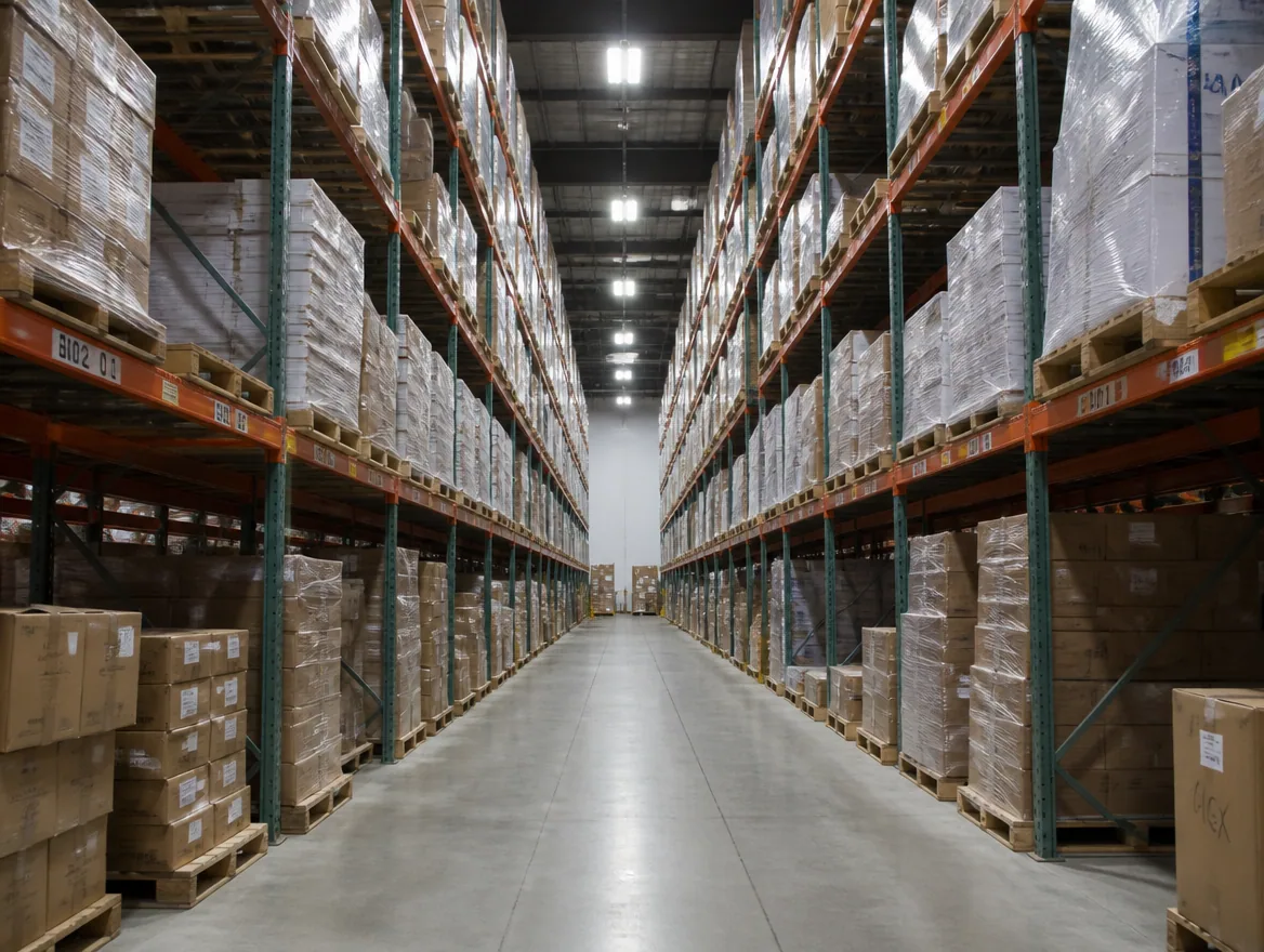 LED high-bay lighting over warehouse racking aisles